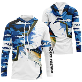 Sweat capuche pêche marlin UV camouflage marine motif marlin bleu rostré prénom personnalisé big game fishing