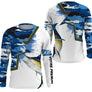 Maillot UV manches longues pêche marlin camouflage marine motif marlin bleu billfish all-over prénom personnalisé pêcheur