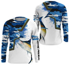 Maillot UV manches longues pêche marlin camouflage marine motif marlin bleu billfish all-over prénom personnalisé pêcheur