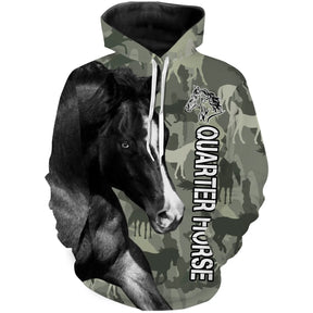 Sweat cheval Quarter Horse all-over camouflage forêt vert motif Quarter Horse noir gros plan silhouettes ornementées