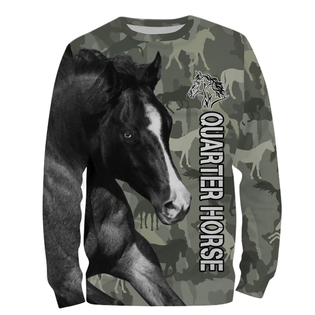 Sweat cavalier Quarter Horse all-over camouflage vert motif cheval Quarter Horse race américaine reining cutting