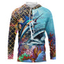 Sweat UV à capuche pêche marlin peau iridescente récif corallien tropical prénom personnalisé, vue de face