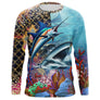 Maillot UV manches longues pêche marlin peau iridescente récif corail prénom personnalisé