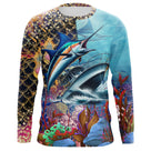 Maillot UV manches longues pêche marlin peau iridescente récif corail prénom personnalisé