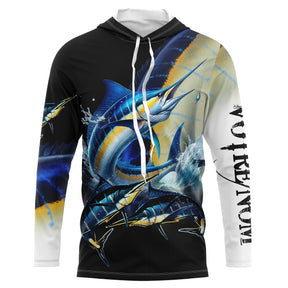 Sweat UV à capuche pêche marlin attaquant leurre traîne lente noir océan prénom personnalisé, vue de face