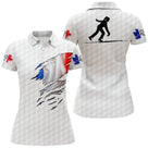 Polo pétanque blanc vue détail drapeau français déchiré sublimation intégrale tricolore