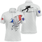 Polo pétanque blanc texture golf-ball drapeau français déchiré silhouette joueur lancer séchage rapide tricolore