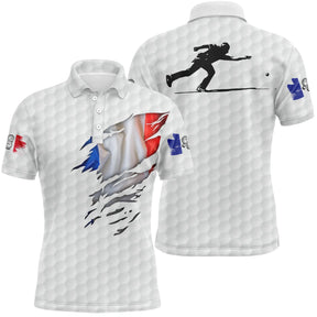 Polo pétanque blanc texture golf-ball drapeau français déchiré silhouette joueur lancer séchage rapide tricolore