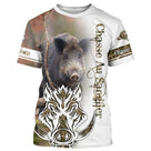 T-shirt chasse sanglier passion camouflage beige avec sanglier en pied et tête graphique, prénom imprimé central