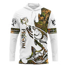 T-shirt anti-UV pêche saumon blanc camouflage avec saumon tatouage en sketch et zone prénom imprimé