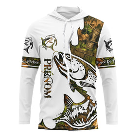 T-shirt anti-UV pêche saumon blanc camouflage avec saumon tatouage en sketch et zone prénom imprimé