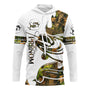 T-shirt anti-UV pêche silure blanc camouflage avec silure tatouage gueule ouverte et zone prénom imprimé