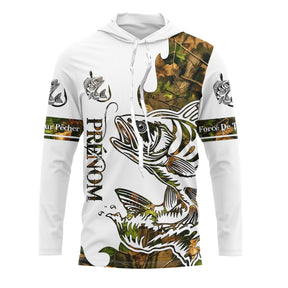 T-shirt anti-UV pêche perche blanc camouflage avec perche tatouage en sketch et zone prénom imprimé