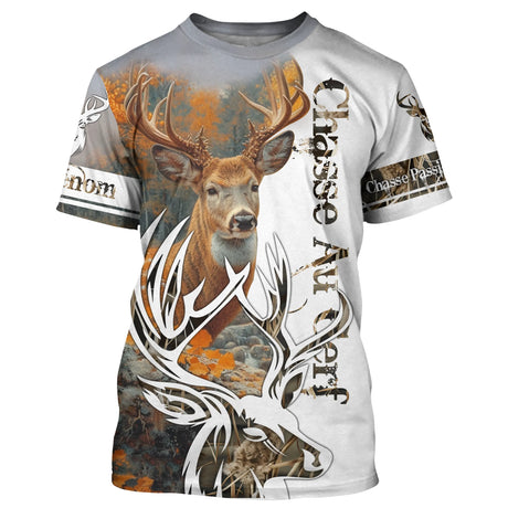 T-shirt chasse cerf passion camouflage marron orange avec grand cerf central et lettrage Chasse Au Cerf, prénom imprimé