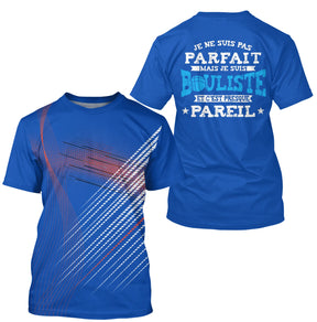 T-shirt bouliste bleu all over rayures rouges blanches message pas parfait mais bouliste personnalisé manche