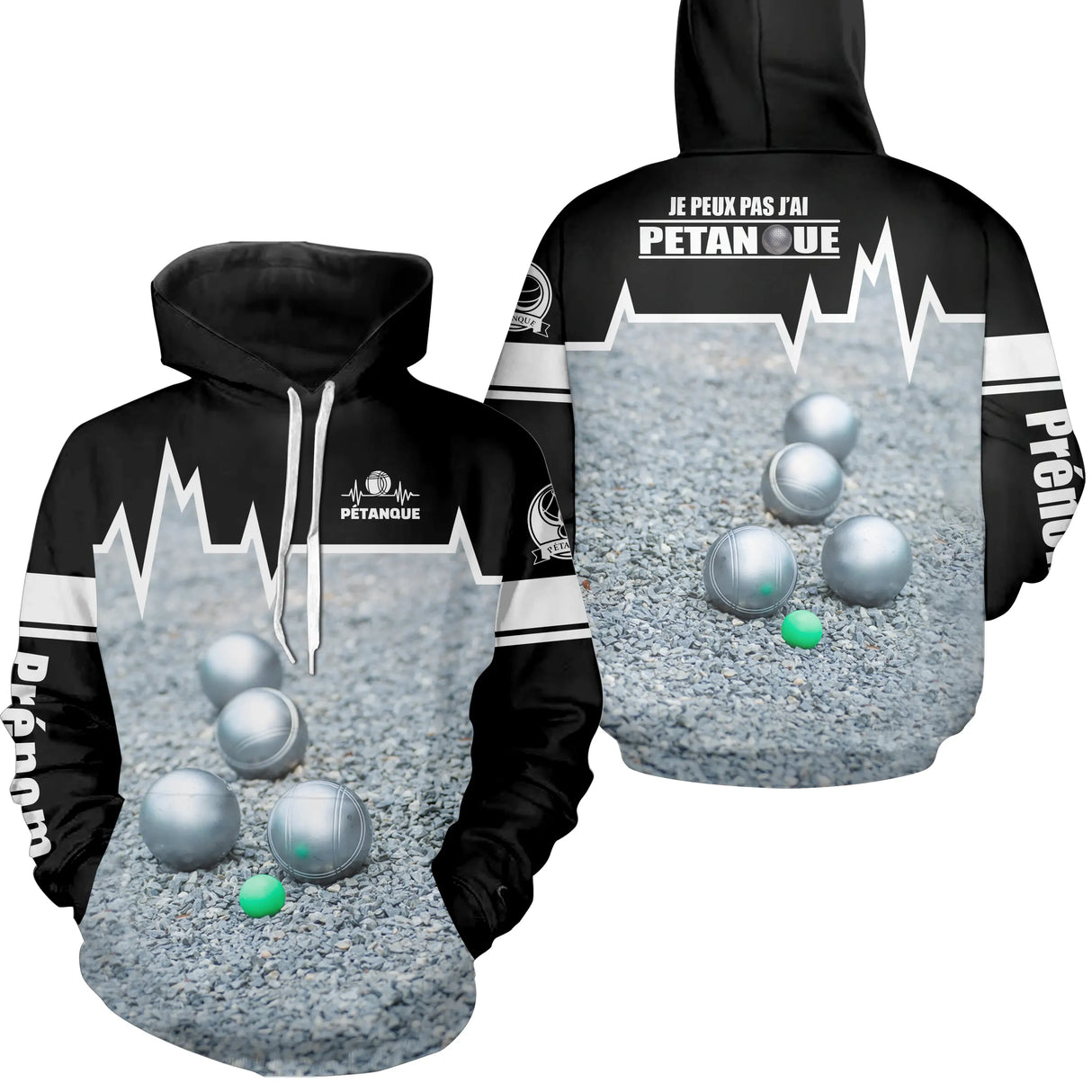 Sweat pétanque noir vue dos design boules sol gris message complice 100 coton sublimation