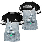 T-shirt pétanque noir all over photo réaliste boules sol gris message j'peux pas j'ai pétanque PRÉNOM