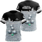T-shirt pétanque noir vue dos photo boules réalistes message humoristique sublimation 100 coton