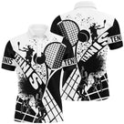 Polo tennis noir et blanc raquettes croisées joueurs silhouettes inscription TENNIS texte personnalisable