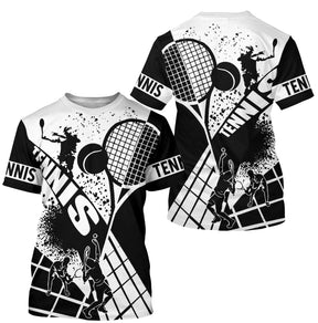 T-shirt tennis noir et blanc raquettes croisées joueurs silhouettes inscription TENNIS personnalisable manches