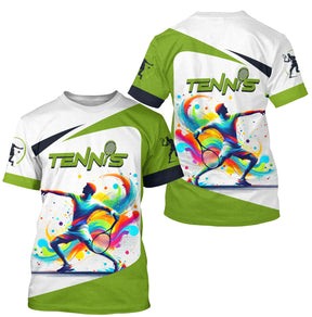 T-shirt tennis multicolore blanc et vert chartreuse joueur splash coloré inscription TENNIS face