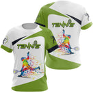 T-shirt tennis multicolore blanc et vert chartreuse vue dos joueur splash design graphique
