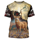 T-shirt chasse cerf humour automne avec cerf en clairière fleurie lavande et slogan J peux pas j ai chasse en bandes