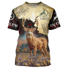 T-shirt chasse cerf humour automne avec cerf en clairière fleurie lavande et slogan J peux pas j ai chasse en bandes