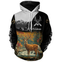 Sweat à capuche chasse cerf ruisseau montagne pour chasseur au brame, marquage prénom et couleurs forêt automne