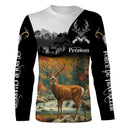 T-shirt chasse cerf vue de face design all-over forêt automne, coupe unisexe personnalisable au prénom