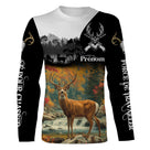 T-shirt chasse cerf vue de face design all-over forêt automne, coupe unisexe personnalisable au prénom