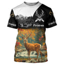 T-shirt chasse cerf ruisseau de montagne noir blanc orangé avec grand cerf et feuillage automne, prénom imprimé central