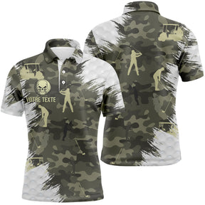 Polo golf homme camouflage vert kaki beige imprimé silhouette golfeur swing zone Votre Texte personnalisable poitrine