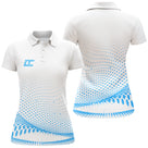 Polo sport femme blanc dégradé pointillé bleu ciel coupe cintrée tissu technique respirant