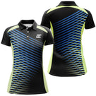 Polo golf femme noir lignes diagonales vert et bleu coupe cintrée tissu technique respirant léger