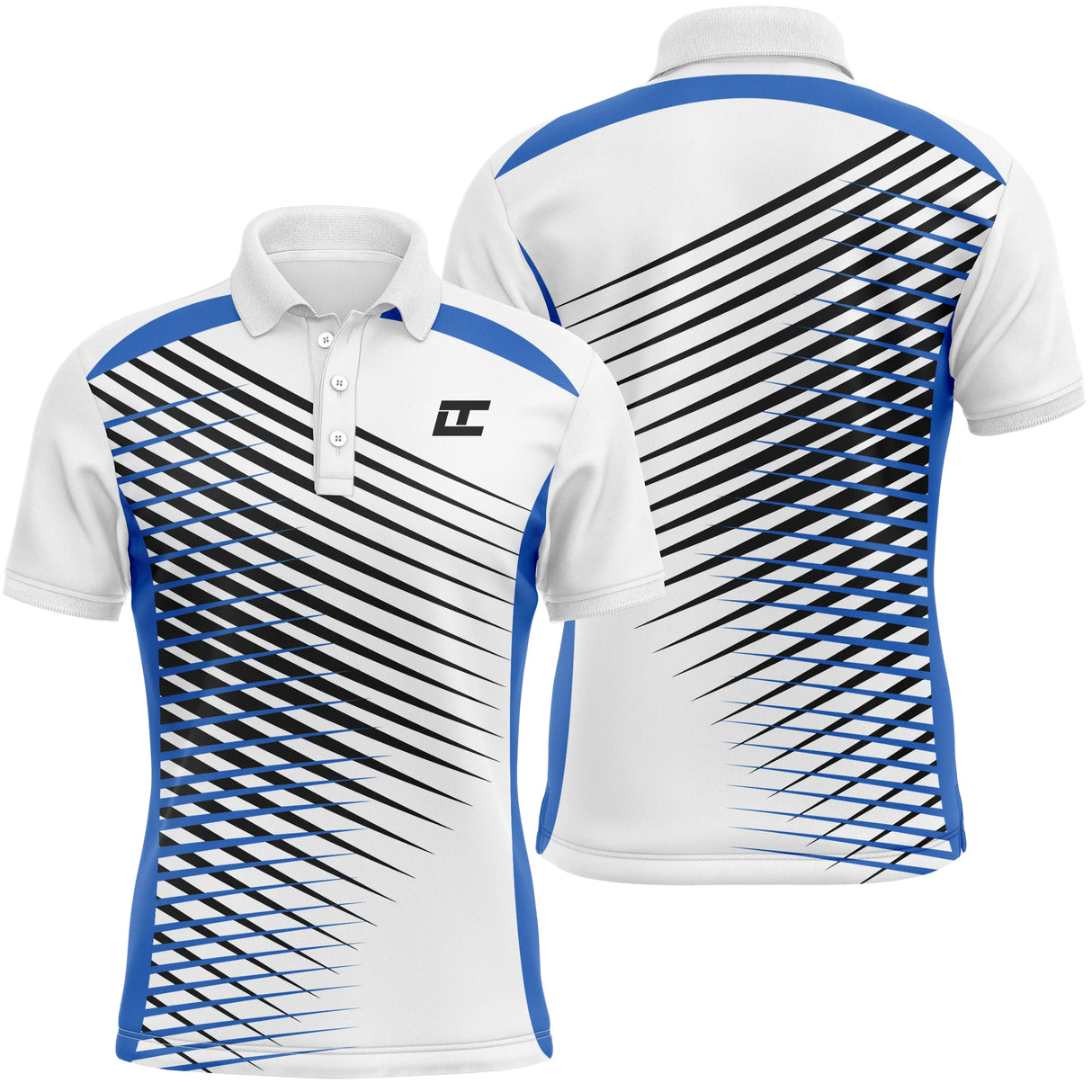 Polo golf homme blanc lignes diagonales vert et bleu jaillissant du col coupe ajustée séchage rapide