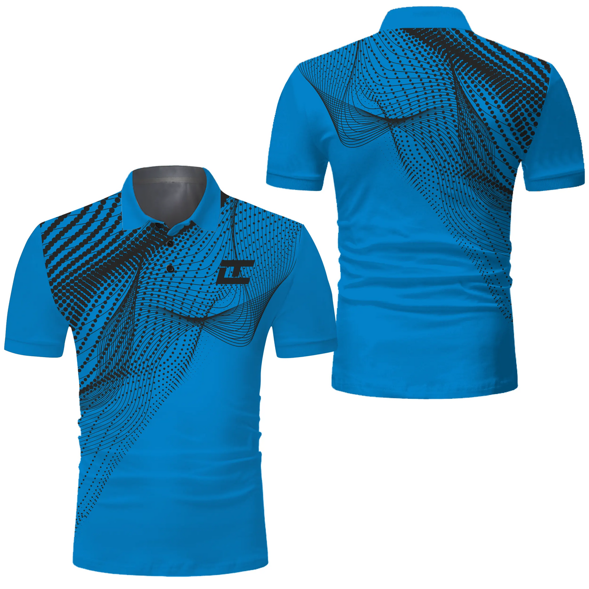 Polo golf homme bleu royal motif vague pointillée turquoise dégradé coupe ajustée séchage rapide