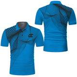 Polo golf homme bleu royal motif vague pointillée turquoise dégradé coupe ajustée séchage rapide