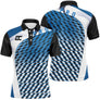 Polo sport homme motif géométrique parallélogrammes bleu royal noir et blanc bandes diagonales coupe ajustée séchage rapide