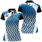 Polo sport femme motif géométrique tricolore bleu noir blanc coupe cintrée tissu technique respirant