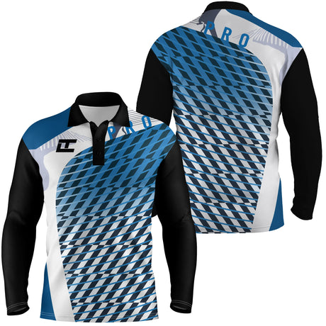 Polo manches longues sport unisexe motif géométrique parallélogrammes bleu noir blanc tissu respirant