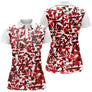 Polo golf femme blanc éclats triangulaires rouges coupe cintrée tissu respirant léger été