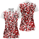 Polo golf femme blanc éclats triangulaires rouges coupe cintrée tissu respirant léger été