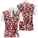 Polo golf homme blanc motif éclats triangulaires rouges all-over coupe ajustée séchage rapide léger été
