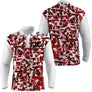 Polo manches longues golf unisexe blanc éclats triangulaires rouges tissu technique respirant