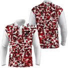 Polo manches longues golf unisexe blanc éclats triangulaires rouges tissu technique respirant
