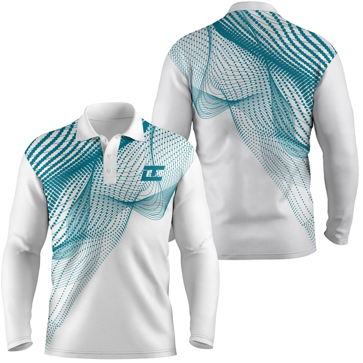 Polo manches longues golf unisexe blanc vague turquoise pointillée tissu respirant léger