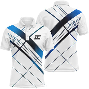 Polo golf homme blanc rayures diagonales bleu et noir croisées coupe ajustée séchage rapide léger été