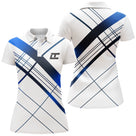 Polo golf femme blanc rayures diagonales bleu noir croisées coupe cintrée tissu technique respirant