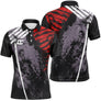Polo sport homme noir profond explosion graphique rouge grunge épaule manche accents blancs dynamiques séchage rapide